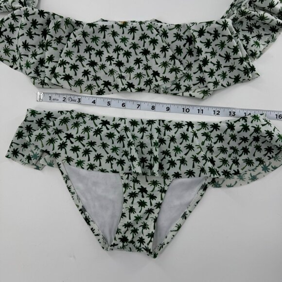 Milly Cabana Palm Print Bikini Set - M - Ruffled Top & Bottom - Green & White - Picture 5 of 9
